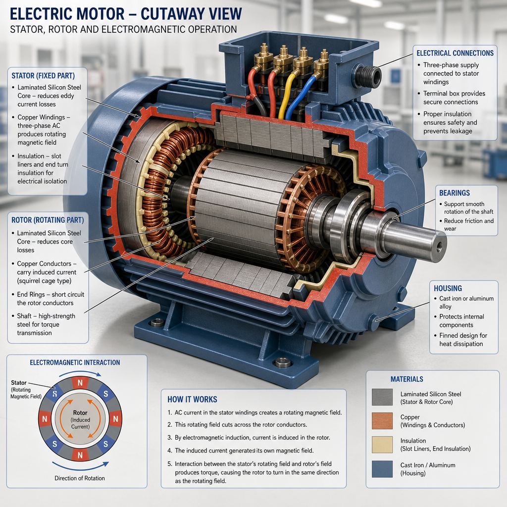 Technical cutaway of an electromagnetic motor showing key components and function.