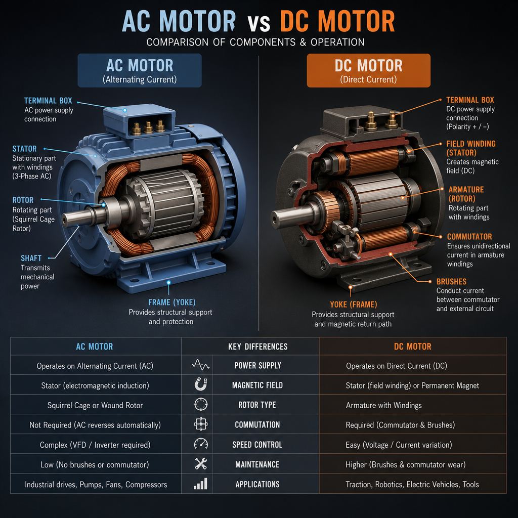 Comparison of AC and DC electromagnetic motors in labeled diagram.