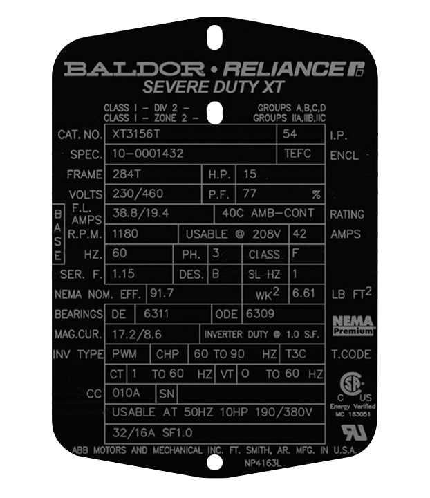A clear diagram highlighting typical motor nameplate fields like voltage, horsepower, and frame size.